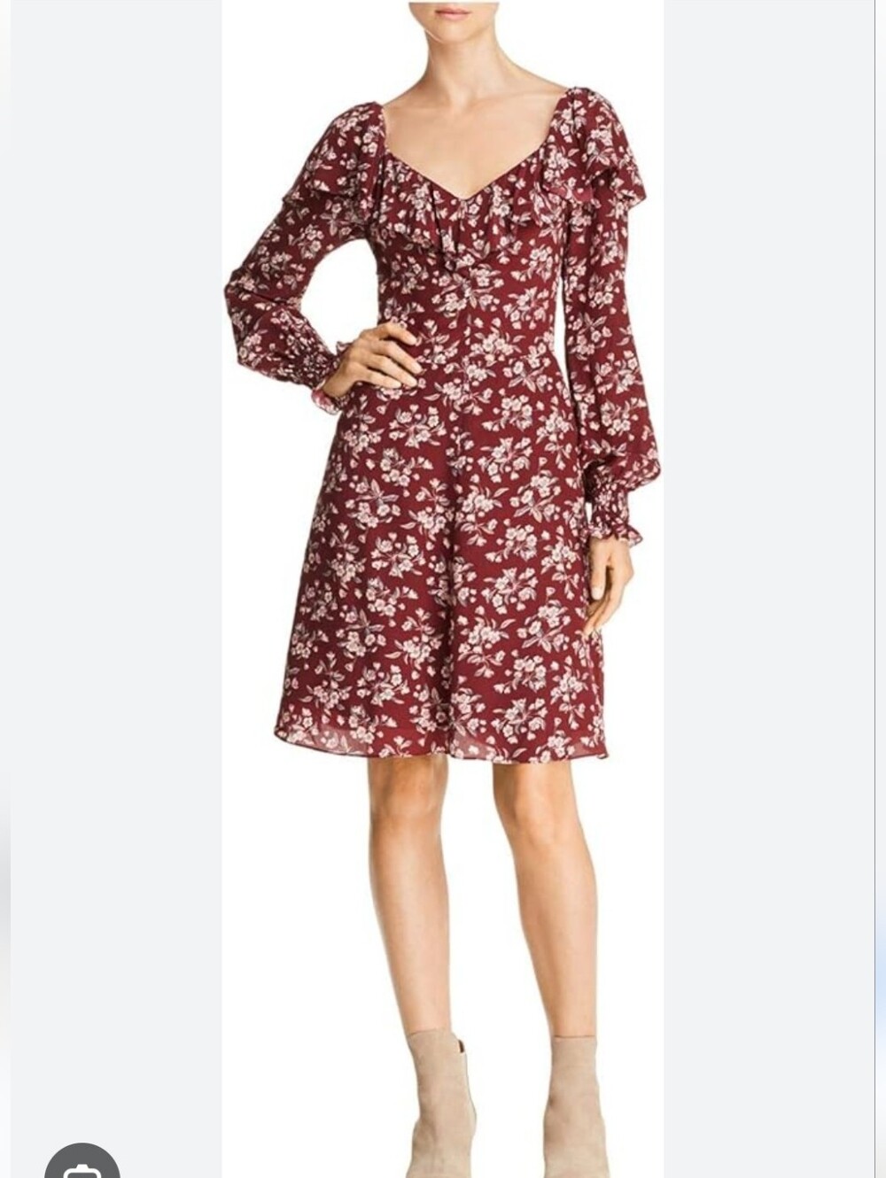 Rebecca Taylor  Ls Tilda Ruffle  Burgundy Floral Ruffle-Trim Midi  Silk Dress 6